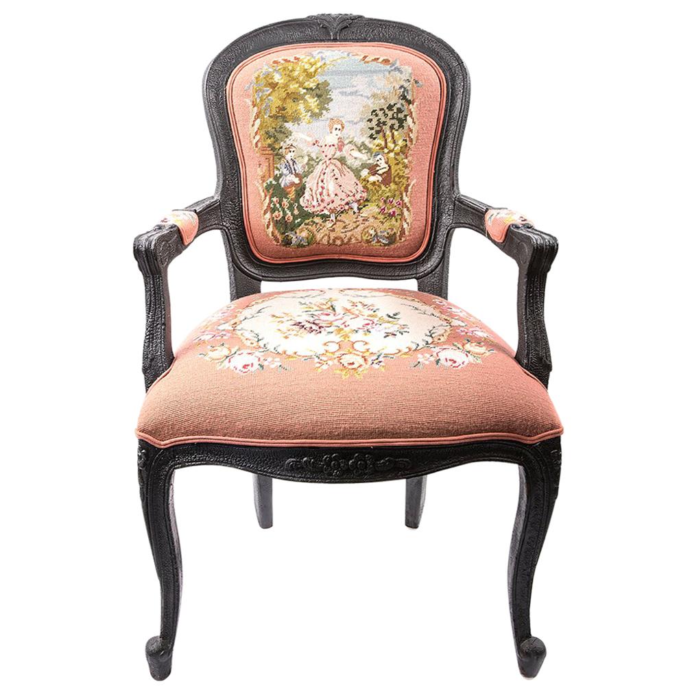 Contemporary Burned Wood Chair with Original 18th Century Embroidery Design