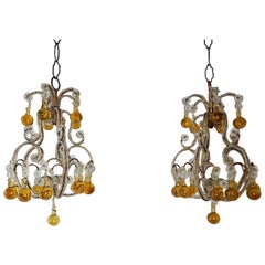 Antique c 1920 Dark Yellow Murano Drops Petit Beaded Chandelier