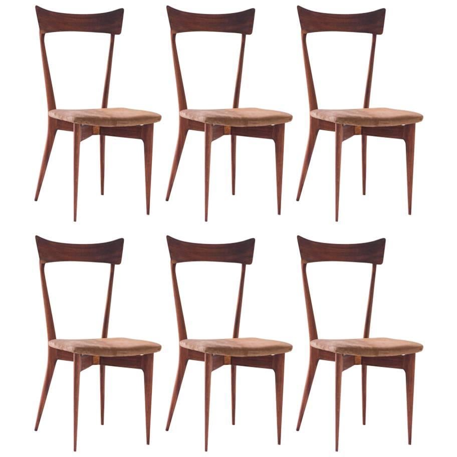 Six Italian New Natural Leather and Mahogany Dining Chairs by Ico Parisi, 1950s