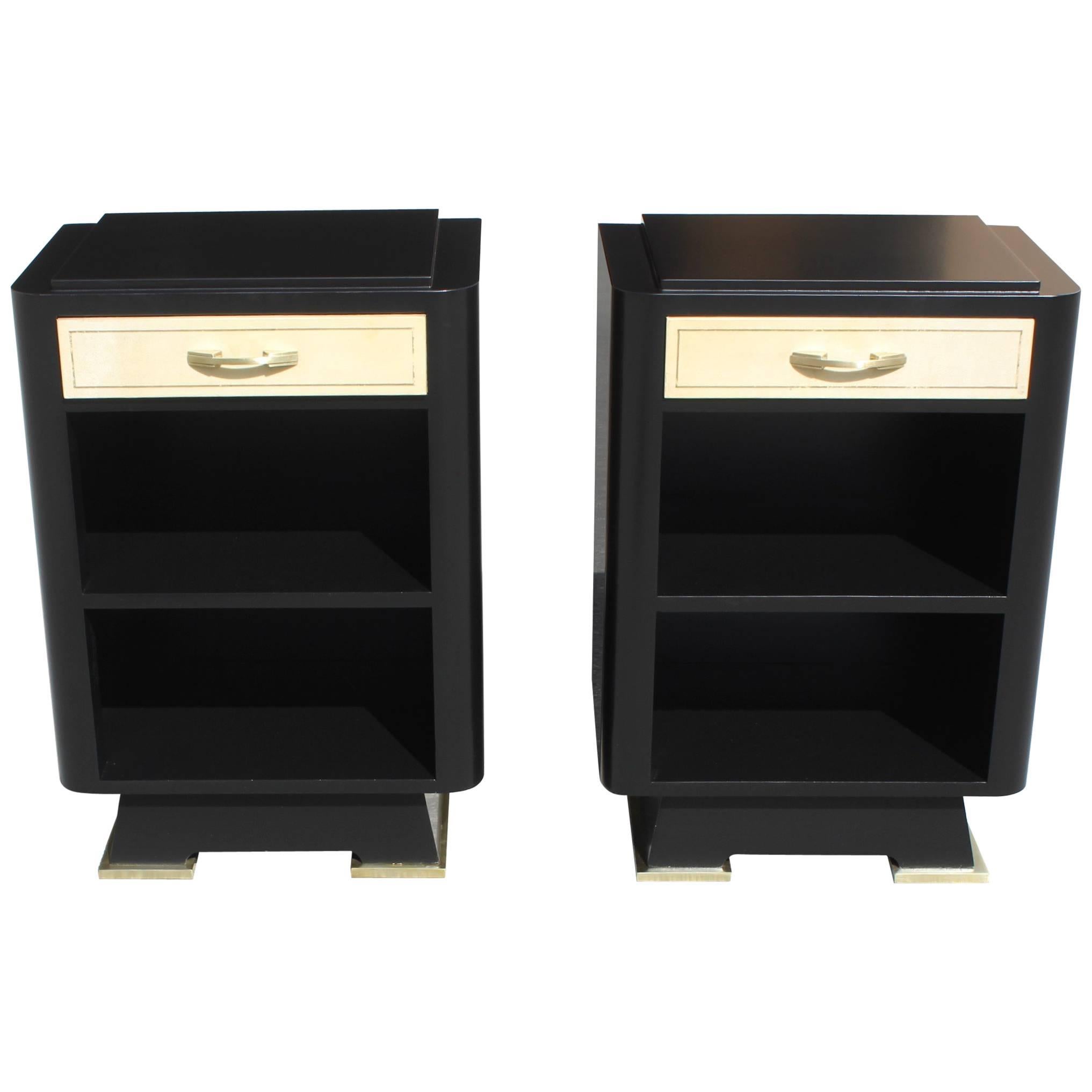 Classic Pair of French Art Deco Parchment, Ebonized Side Table, 1940s
