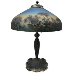 Lampe de table peinte à l'envers de style Handel Pittsburgh:: vers 1930