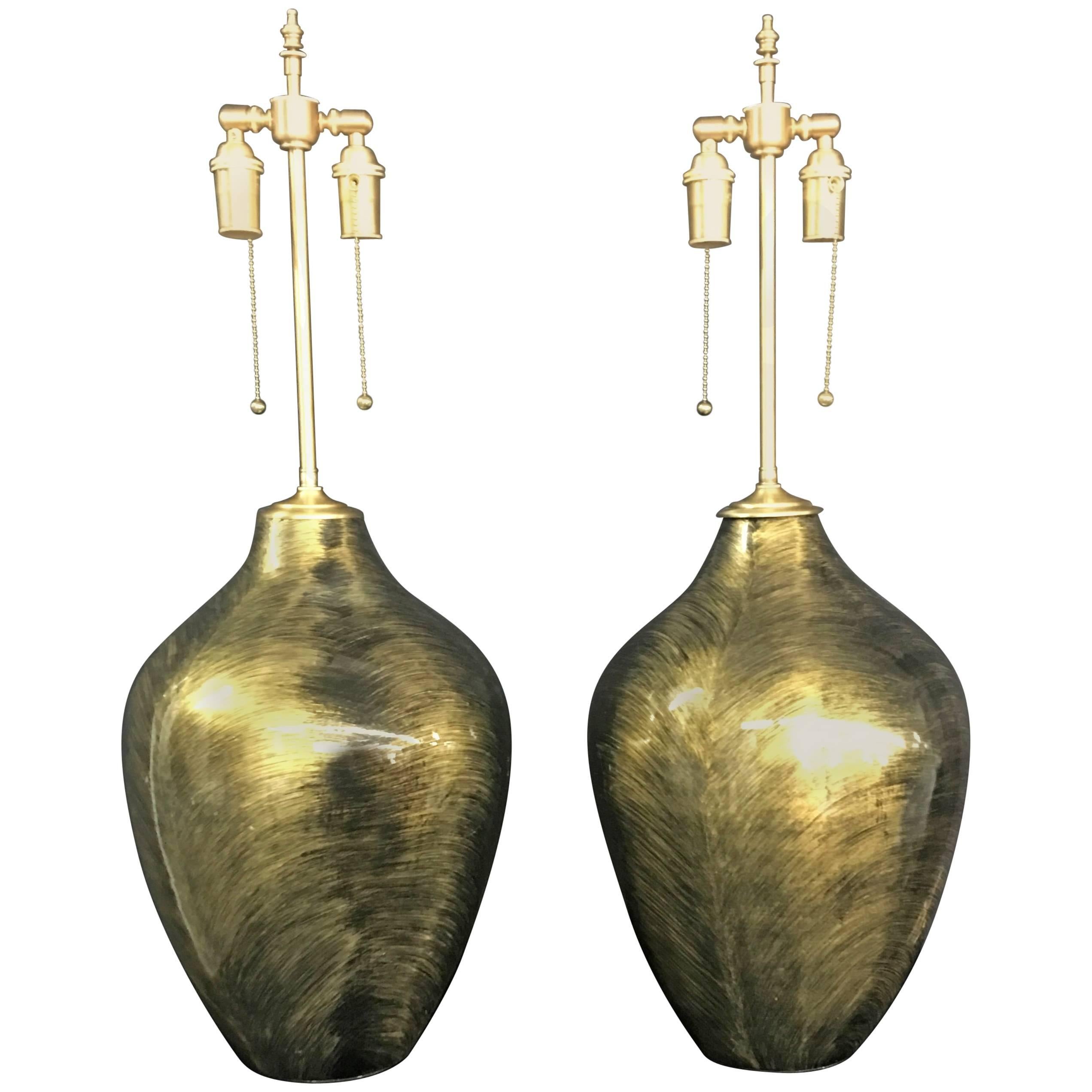 Pair of Luminescent Gold and Black Glazed Orbs with Lamp Application For Sale