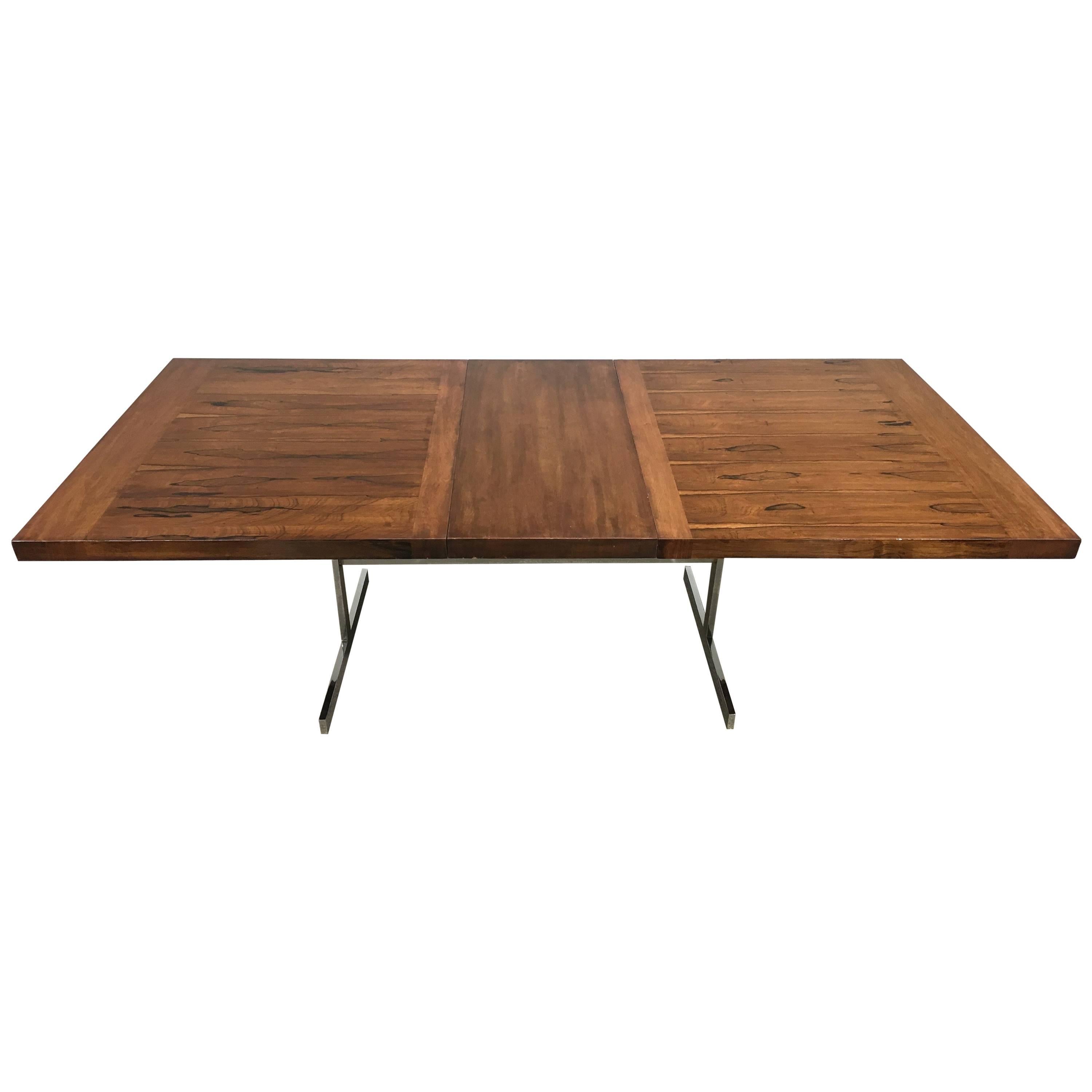 Milo Baughman Style Rosewood, Walnut and Chrome Expanding Dining Table
