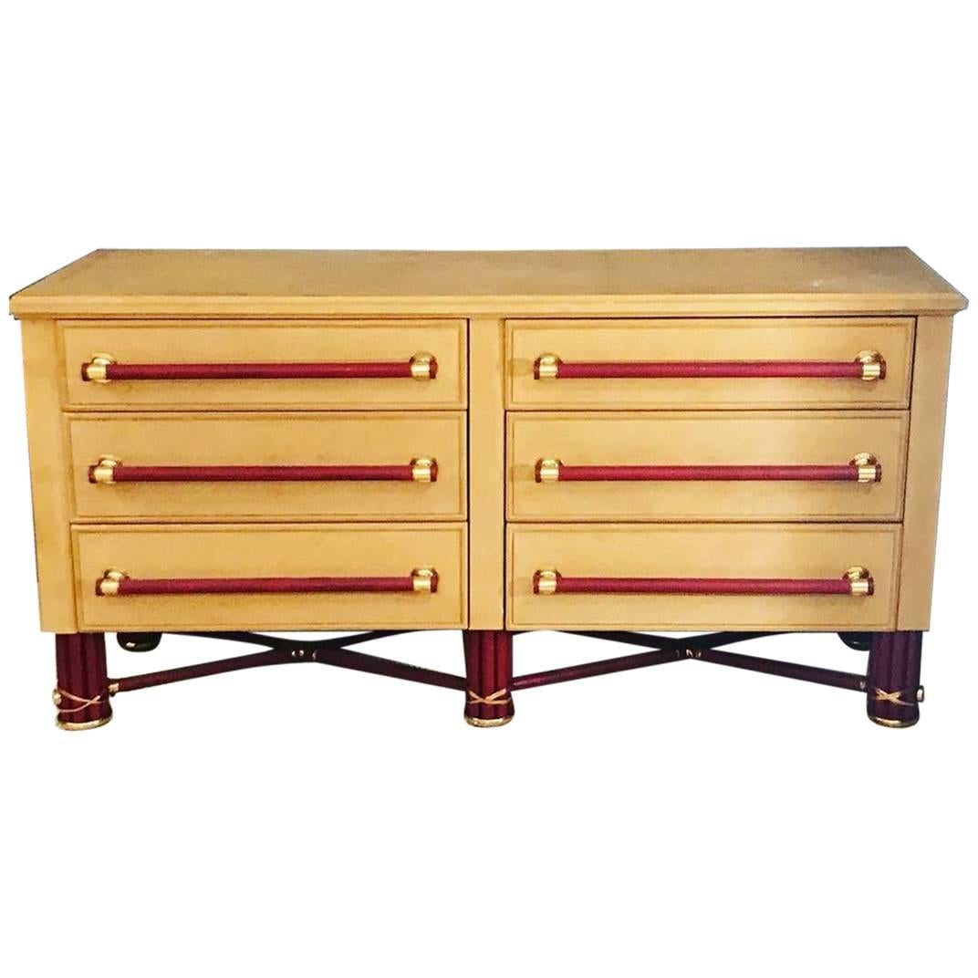 Sideboard Faux Leather Surface with Brass Accents Great Design For Sale