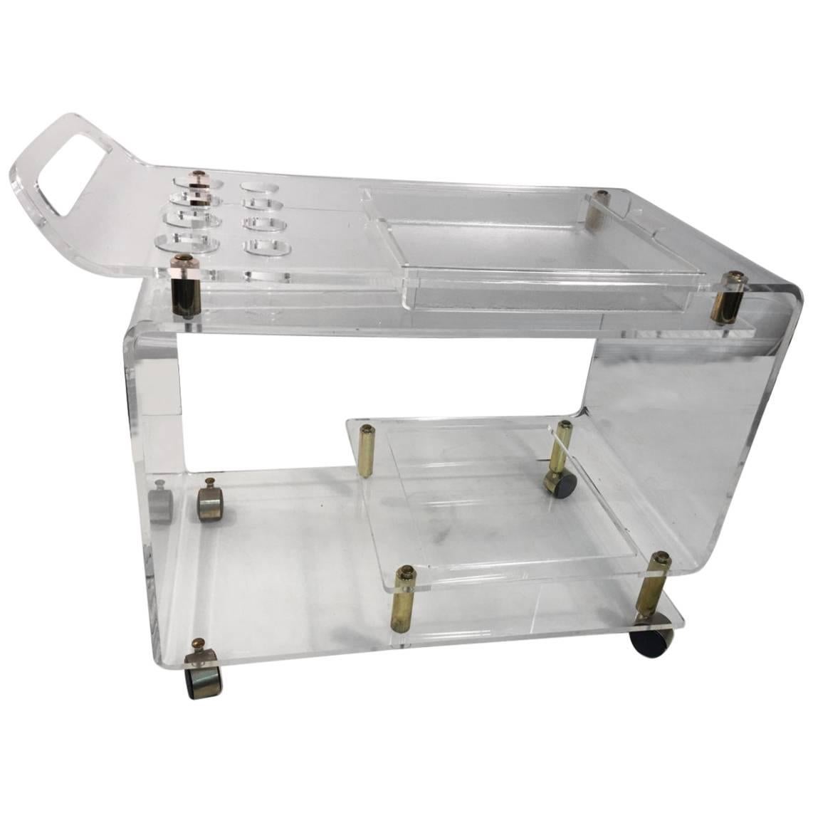 Modern Curved Lucite And Brass Bar Cart In The Manner Of Charles Hollis Jones For Sale