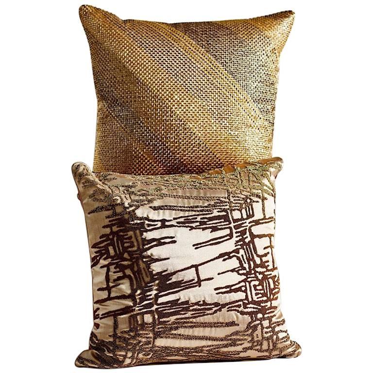 Hand Crafted Set of Two Beaded Pillows Shades of Gold For Sale
