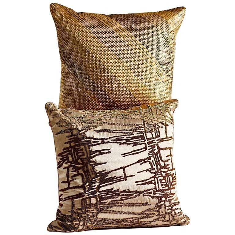 Hand Crafted Set of Two Beaded Pillows Shades of Gold For Sale at 1stdibs