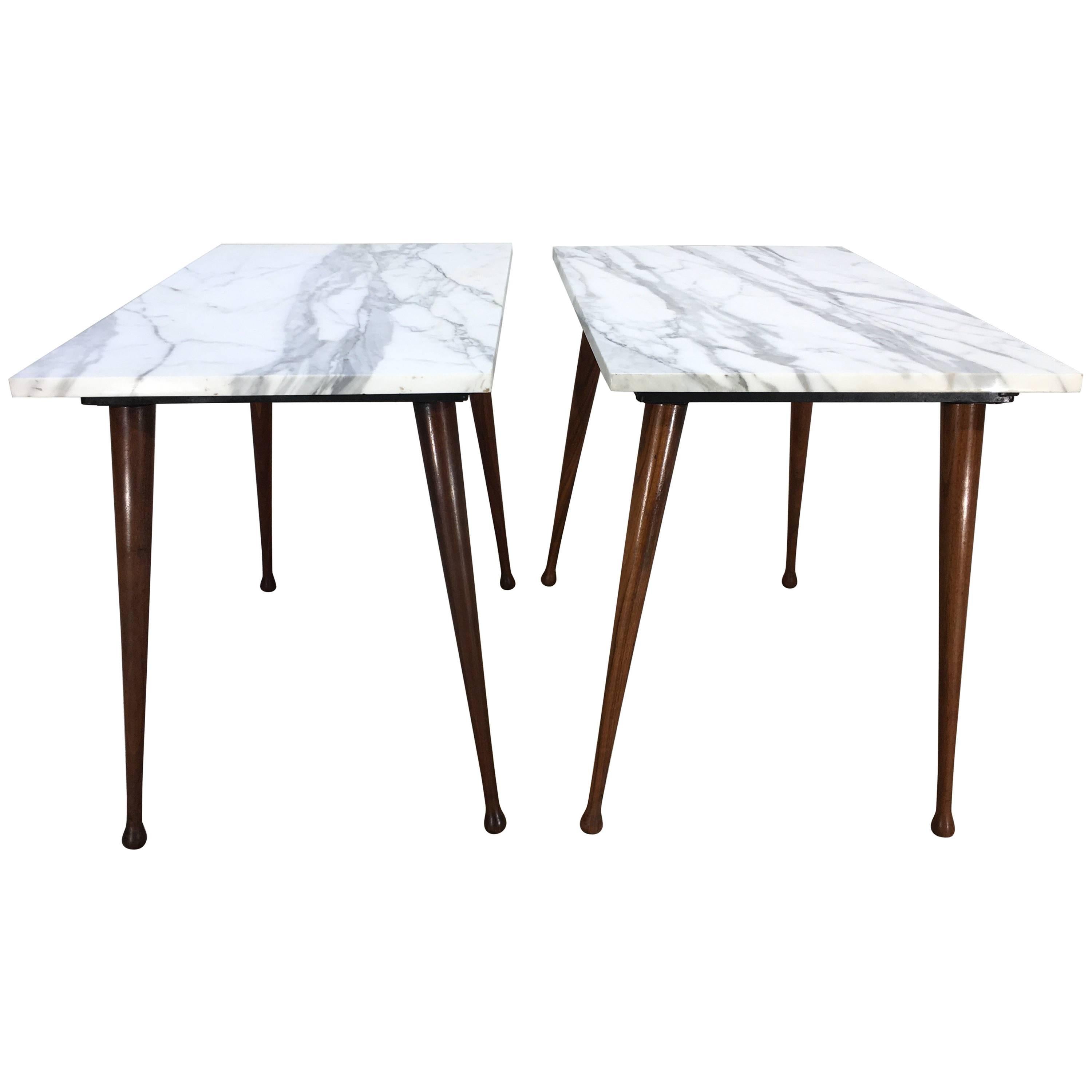 Paul McCobb Carrara Marble-Top Side Tables with Splayed Birch Legs