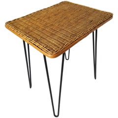 1950s Wicker Side Table with Hair Pin Legs, USA