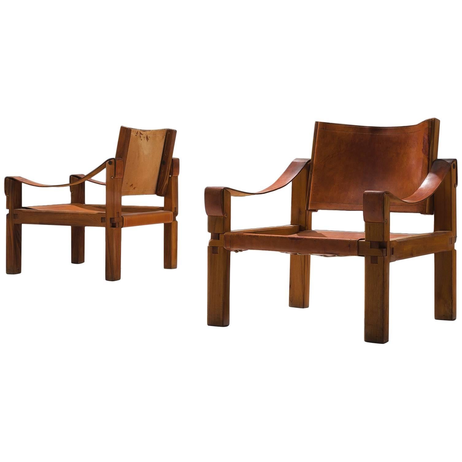 Pierre Chapo Grand Patinated Cognac Leather Elm Chairs S10X, ca 1964