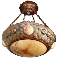 Antique Swedish Arts and Crafts Era Hanging Fixture in Hammered Copper and Alabaster