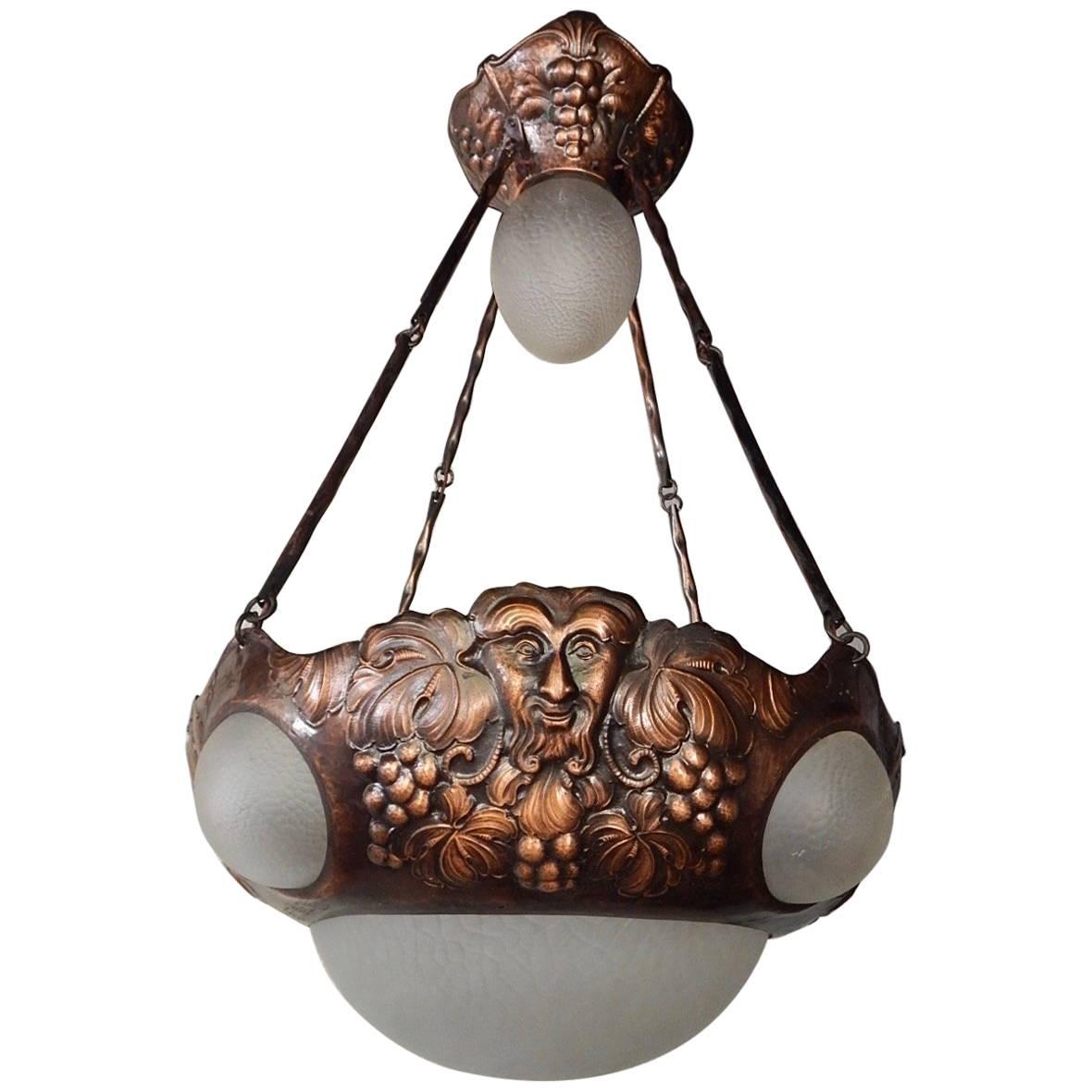 Swedish Arts and Crafts Hammered Copper Hanging Fixture #18, Circa 1910 For Sale