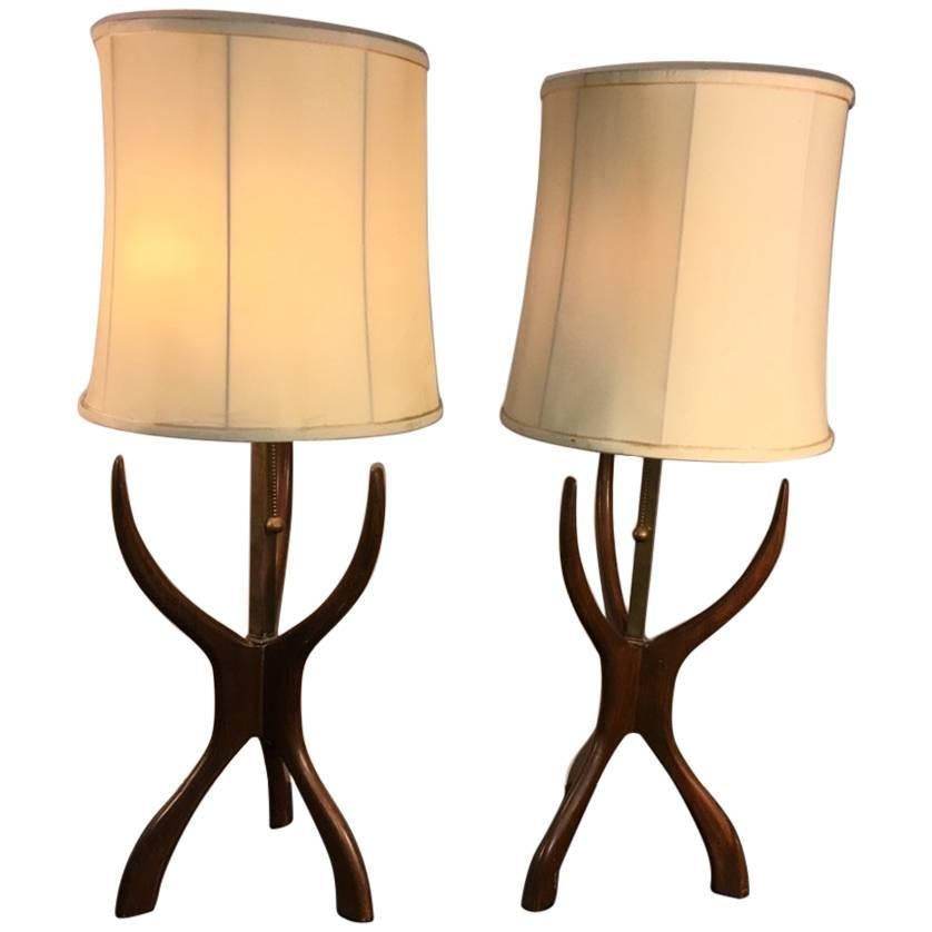 Modernist Walnut Sculpted Lamps For Sale