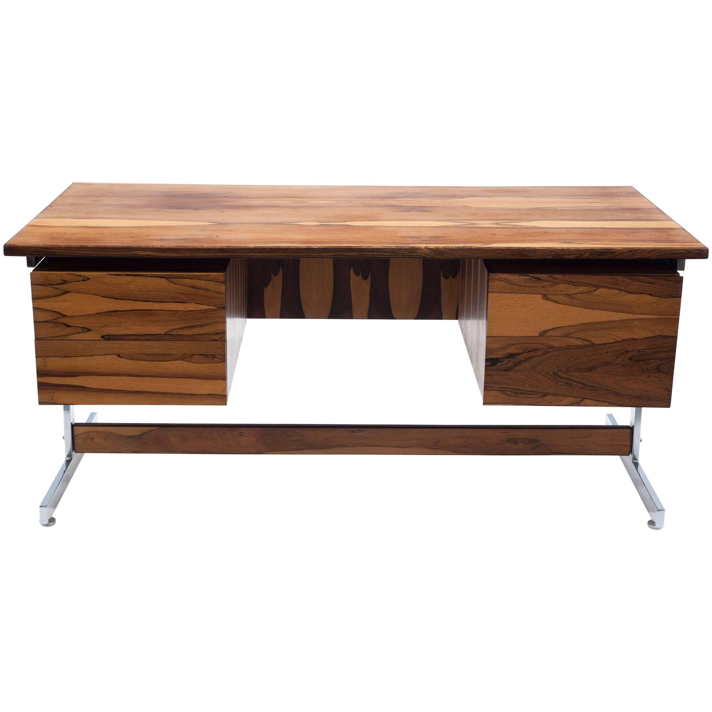 South American Brazilian Modern Rosewood and Chrome Desk 