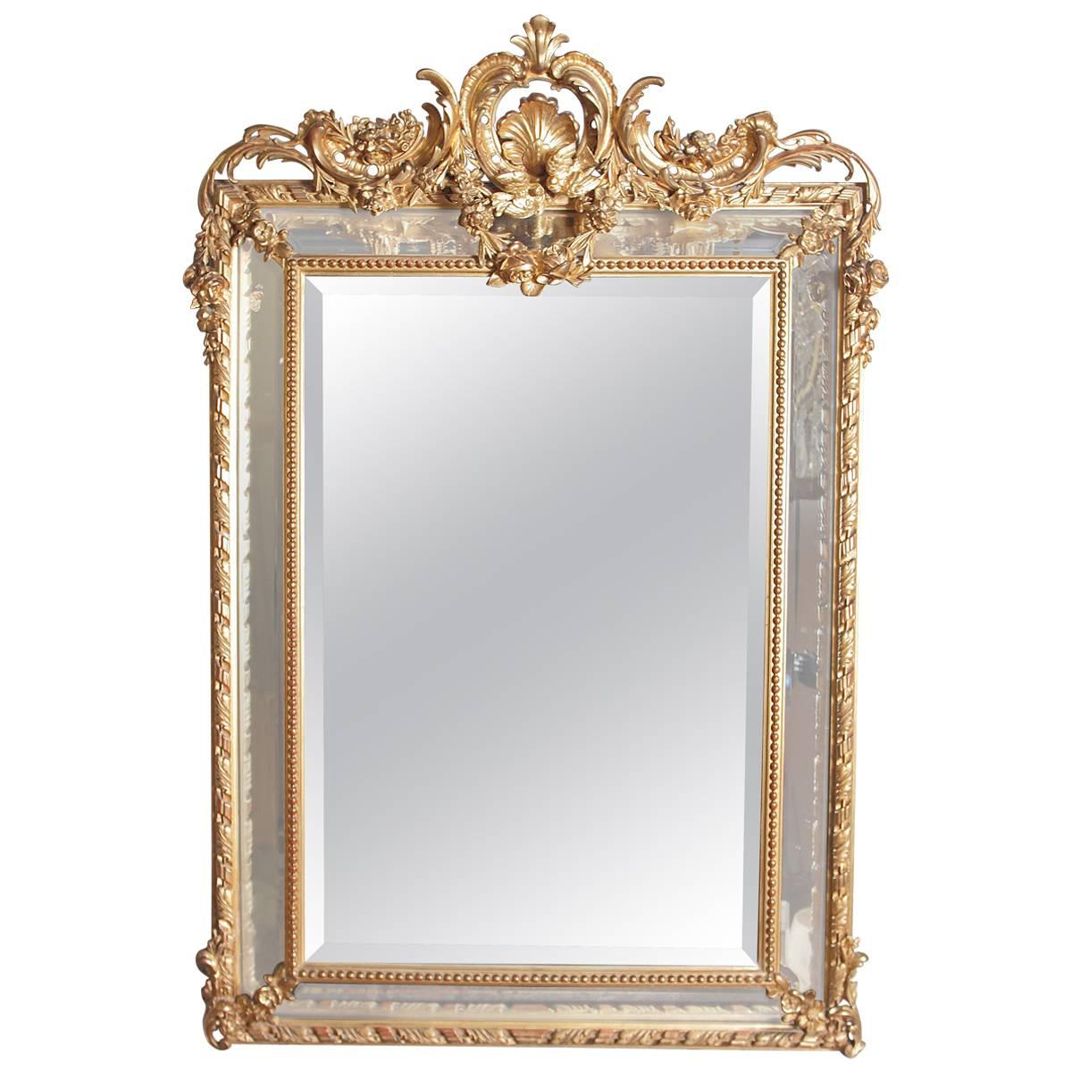 19th Century French Louis XV Gesso and Gilt Carved Mirror