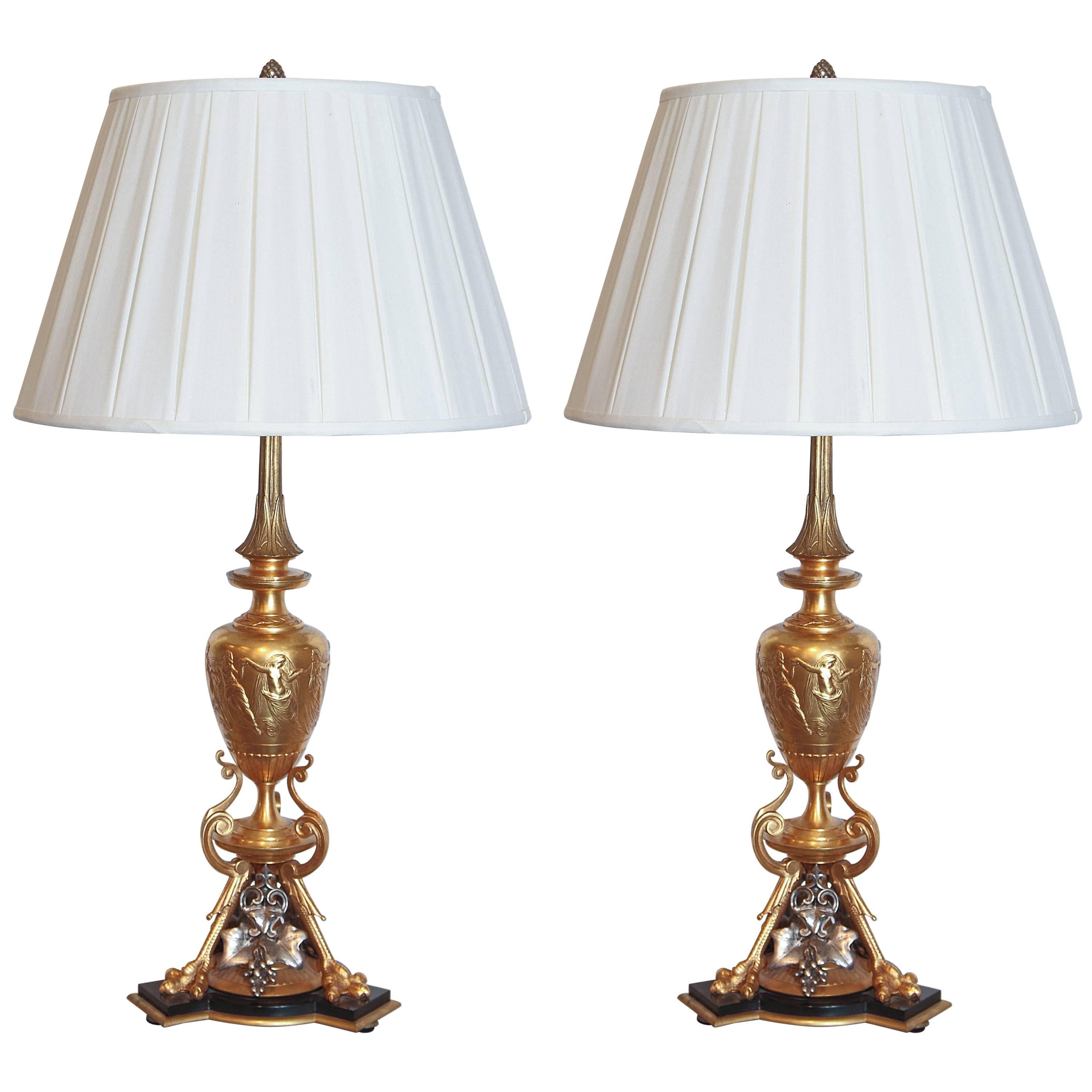 Pair of 19th Century Classical Urn Shaped Lamps with Silver and Bronze Doré For Sale