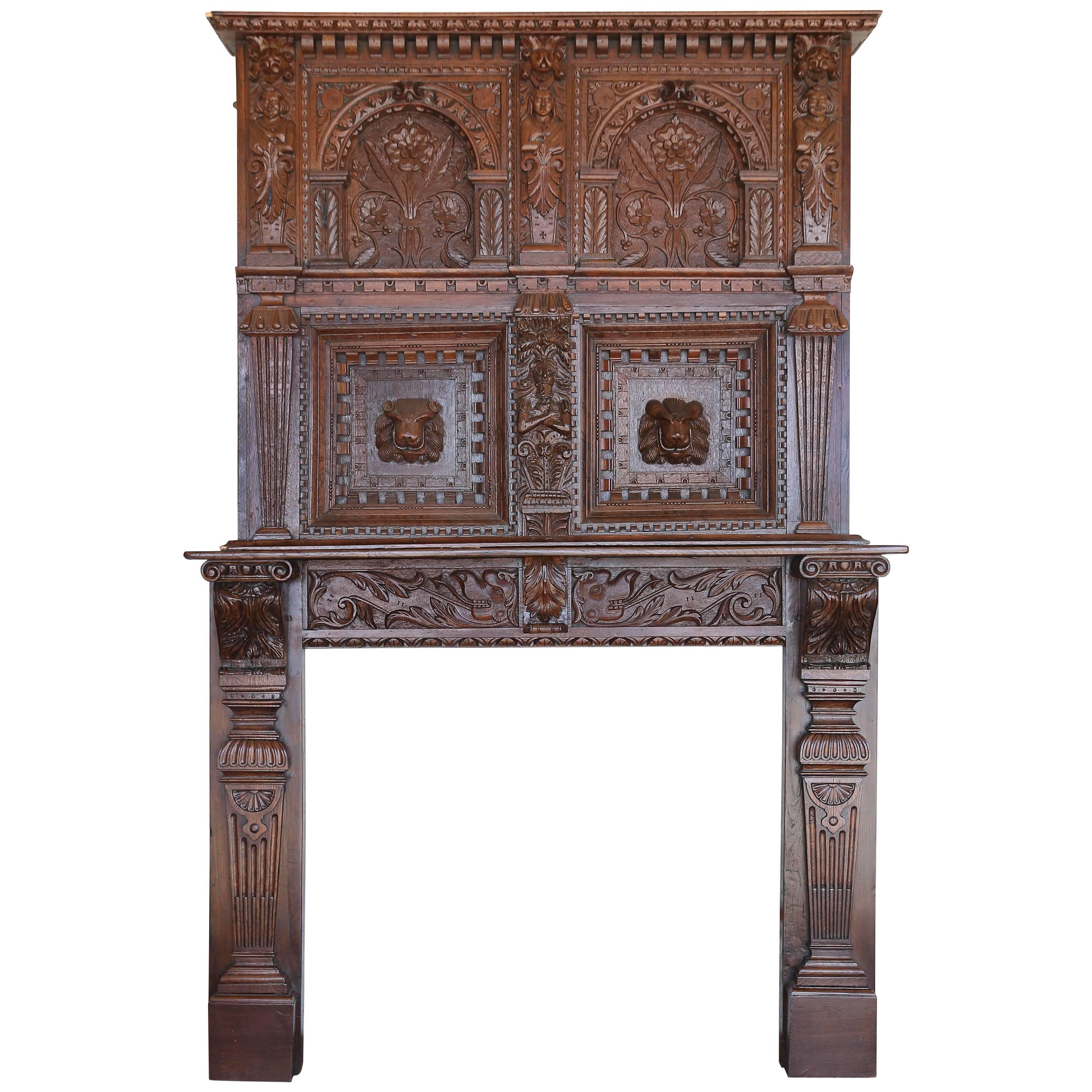 17th Century Baroque Carved Fireplace Surround and Over-Mantel For Sale