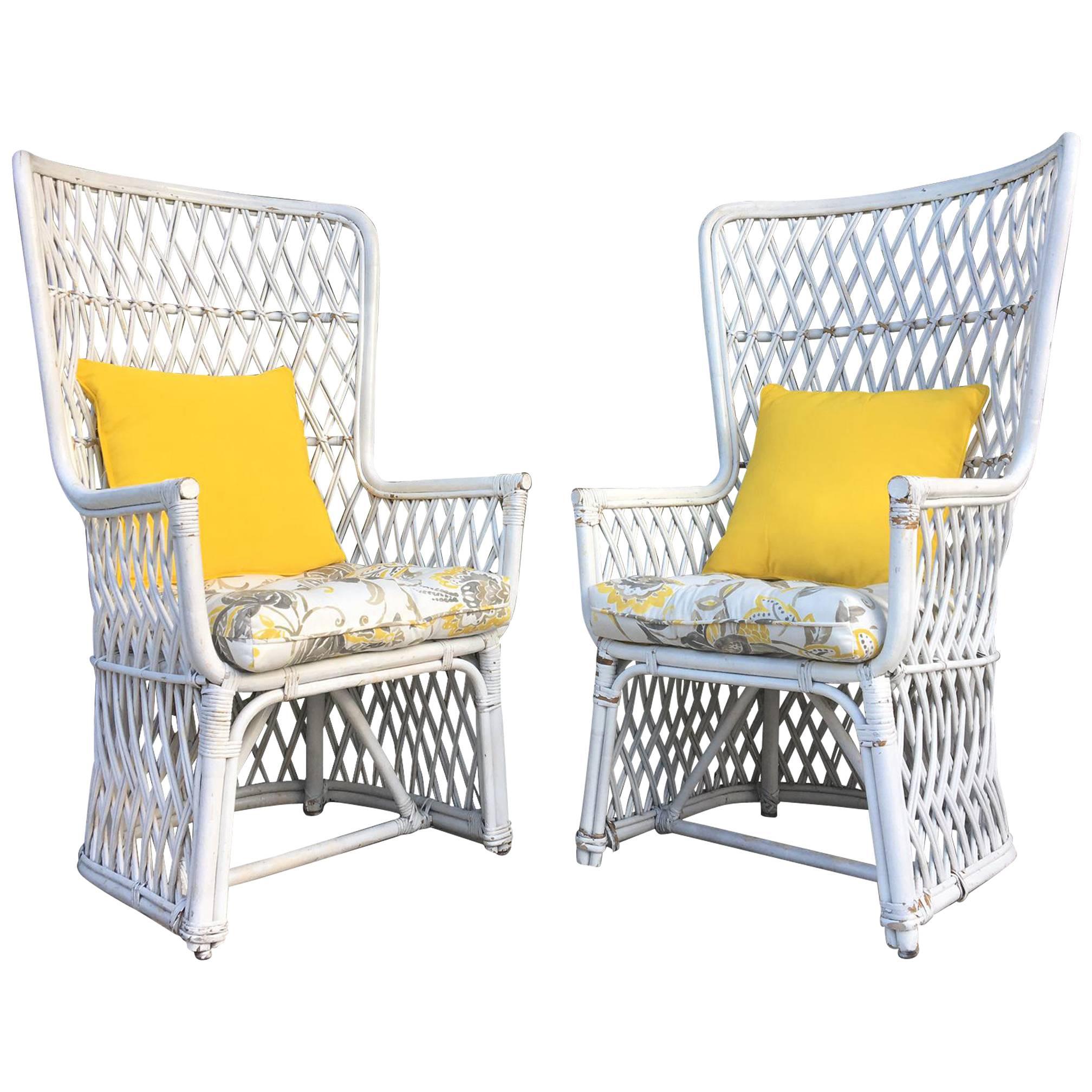 Pair of Vintage Wicker High Back Throne Chairs