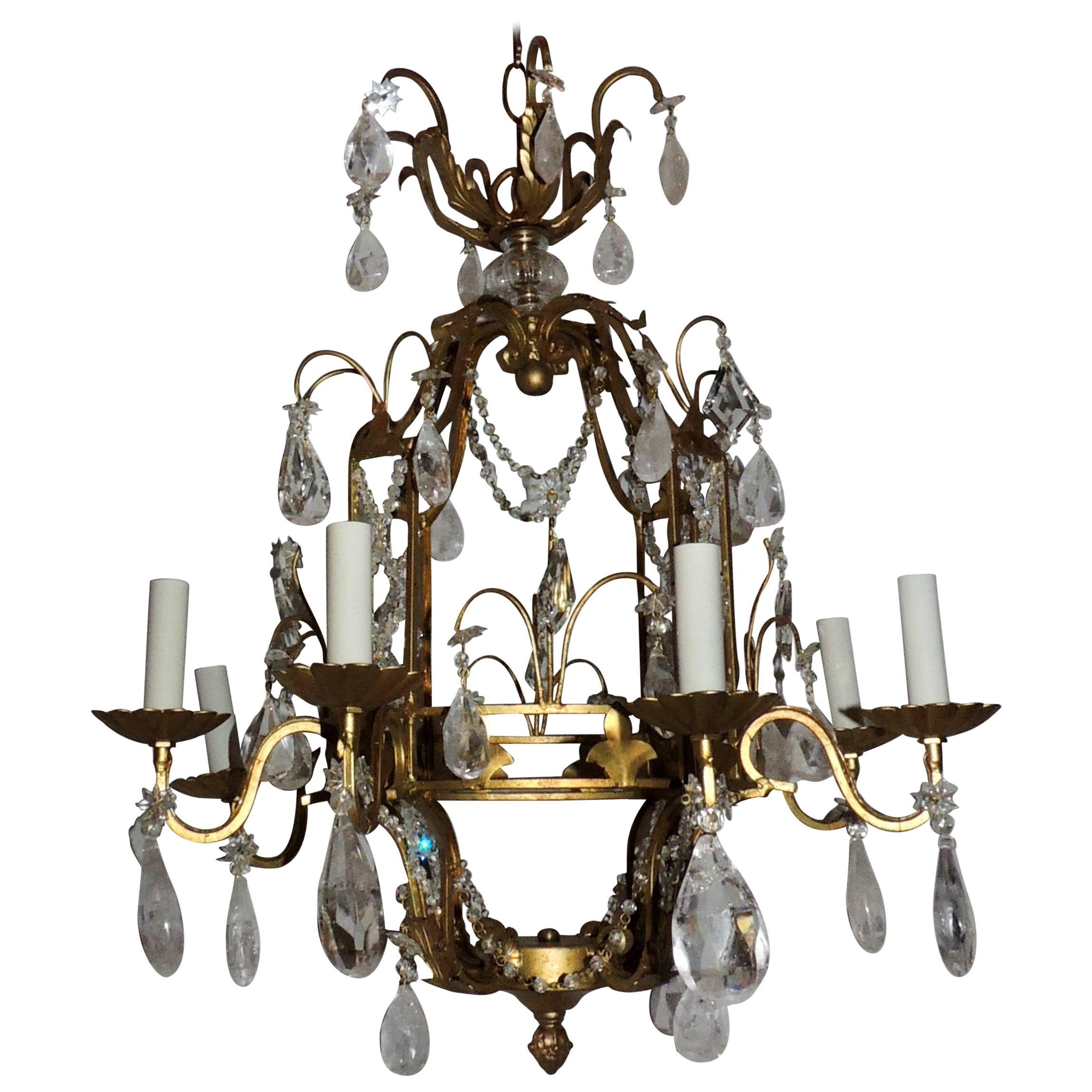 Wonderful French Bagues Beaded Lattice Rock Crystal Gold Gilt Pagoda Chandelier For Sale