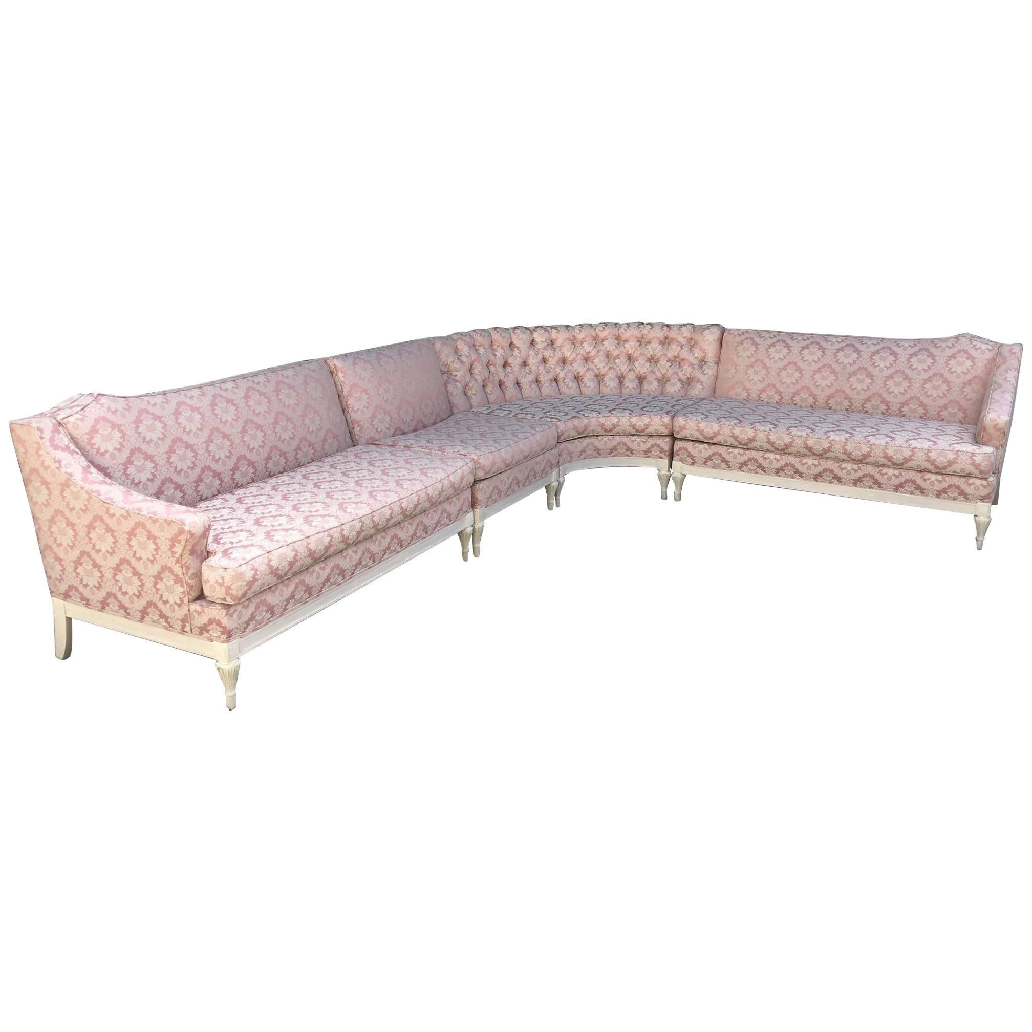 Four Piece Hollywood Regency Pink Damask Tufted Sectional Sofa