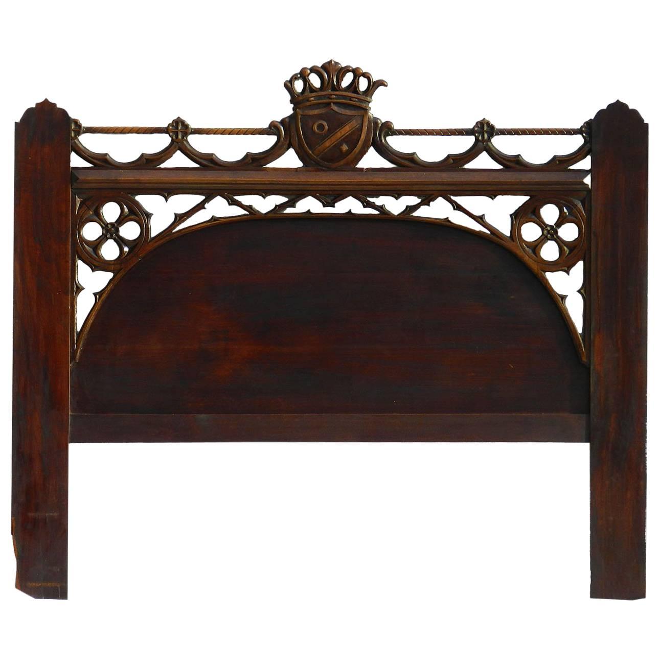 French Bed Headboard 19th century Gothic revival carved wood Heraldic c1880