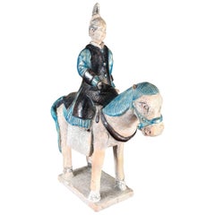 Antique Ancient Imperial China Ming Blue Female Equestrian Horse Rider, 1500