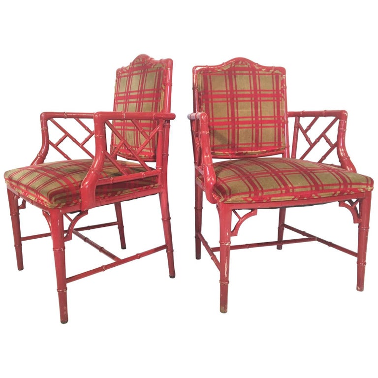 Red Faux Bamboo Chippendale Dining Arm Chairs For Sale at 1stDibs
