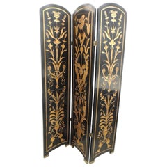 Modern Black and Gold Lacquered Folding Screens with Birds