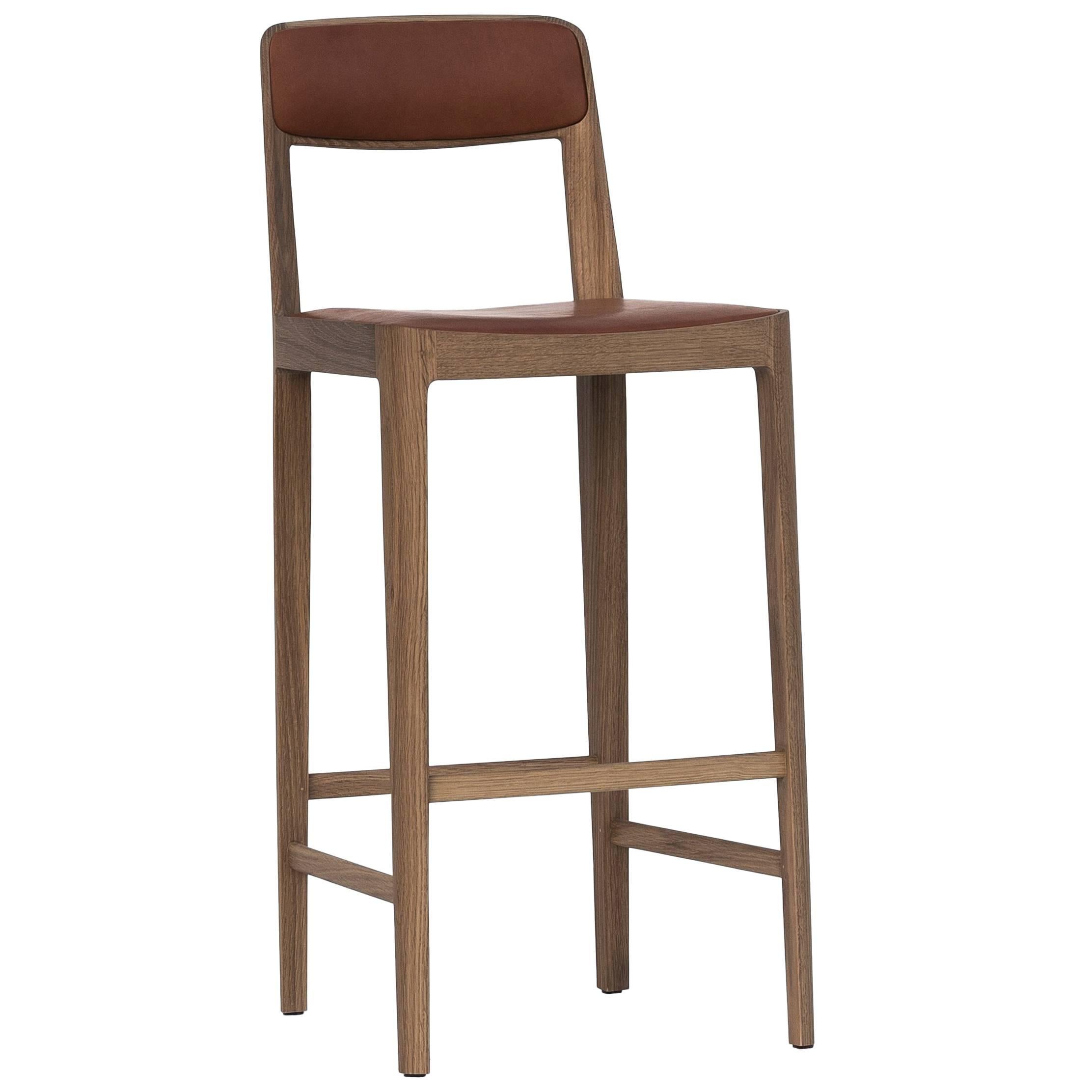 Linea Barstool, White Oak with Upholstered Seat and Backrest in Leather For Sale