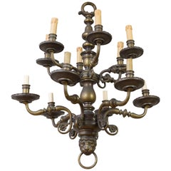 French Bronze Two-Tiered Chandelier with Lion Motif