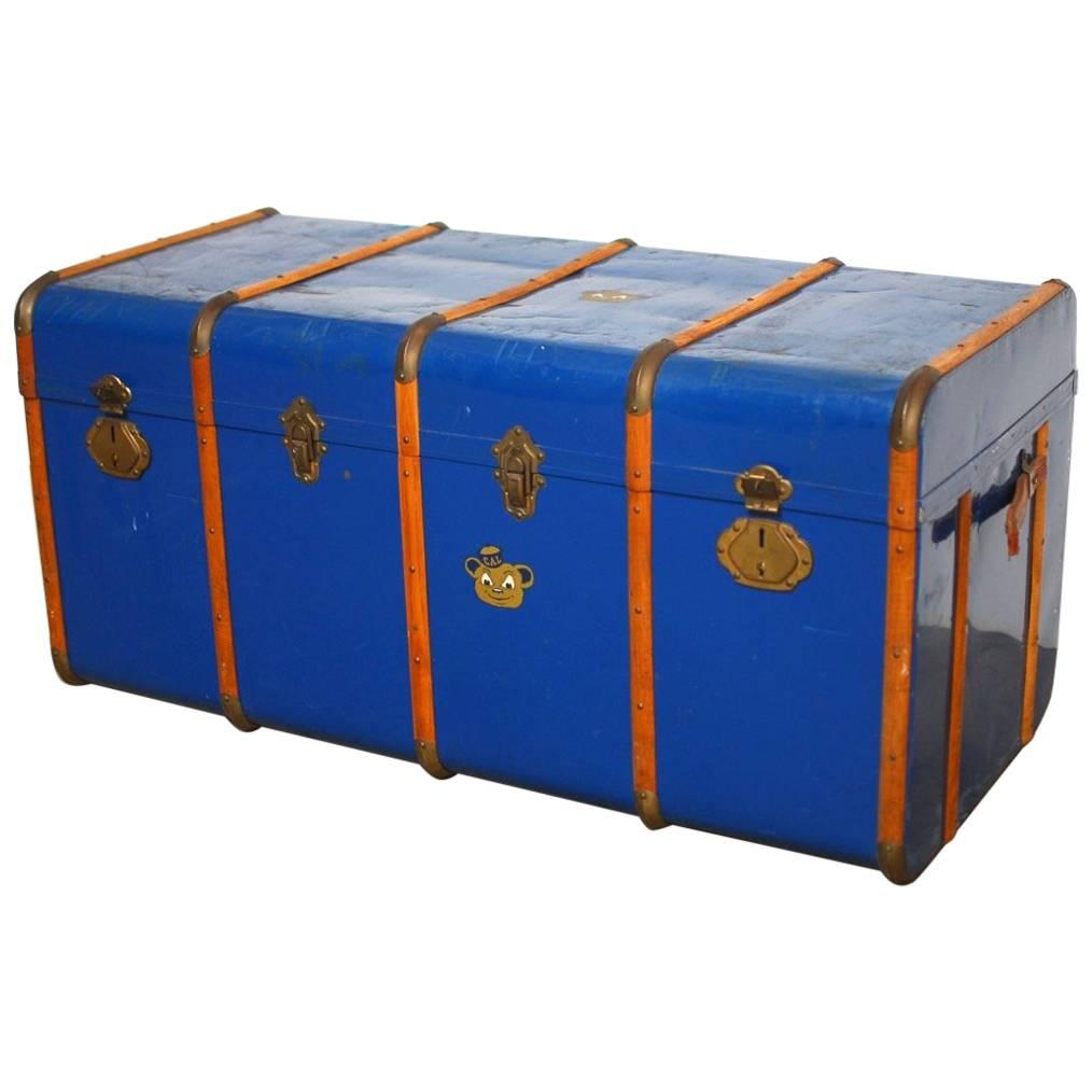 French Blue Traveling Trunk with Wood Strapping 