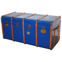 Vintage French Blue Traveling Trunk with Wood Strapping 