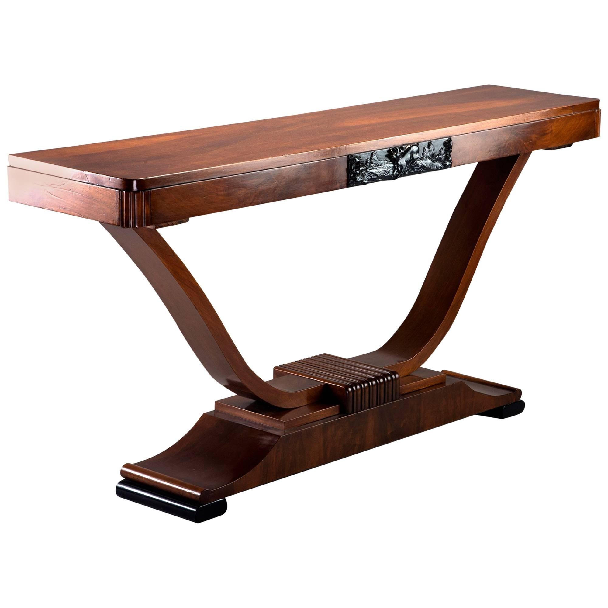 Walnut Art Deco Console with Carved Detail