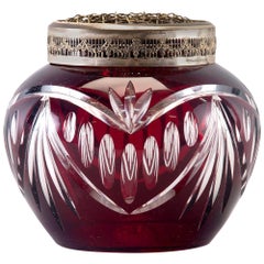 Antique Garnet Red Cut Crystal Rose Bowl with Original Brass Flower Holder