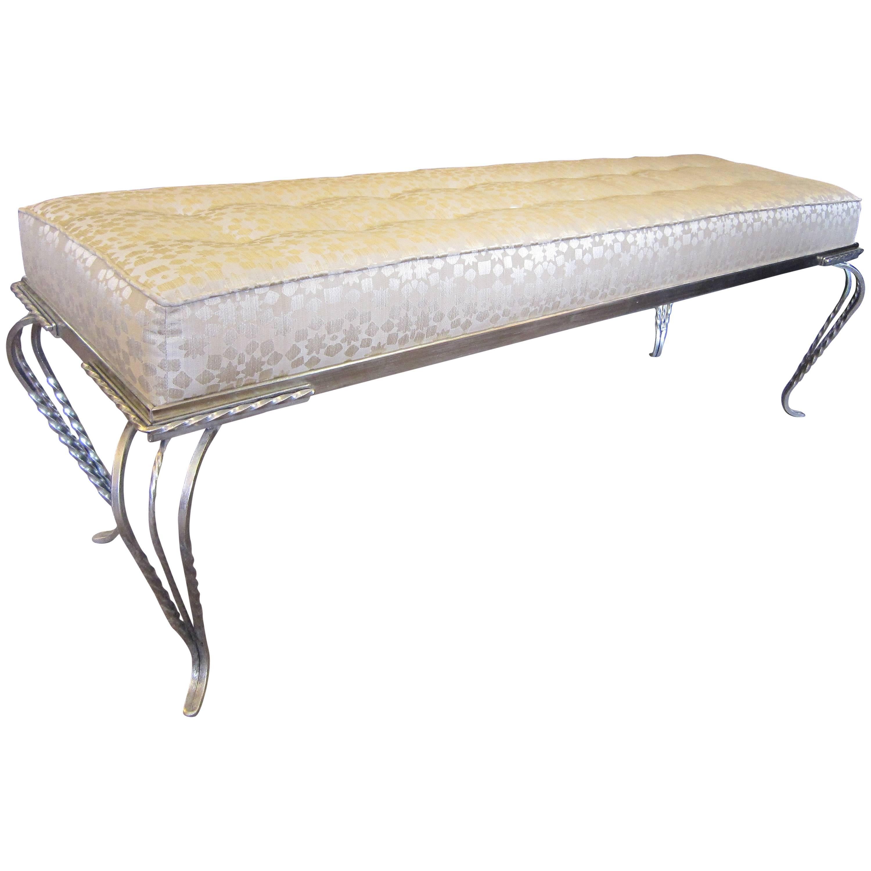 Long French Art Deco hammered iron upholstered sitting bench, Georges Vinant