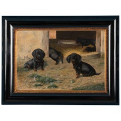 Antique Oil on Canvas Painting of Dachshund Puppies by Simon Simundson