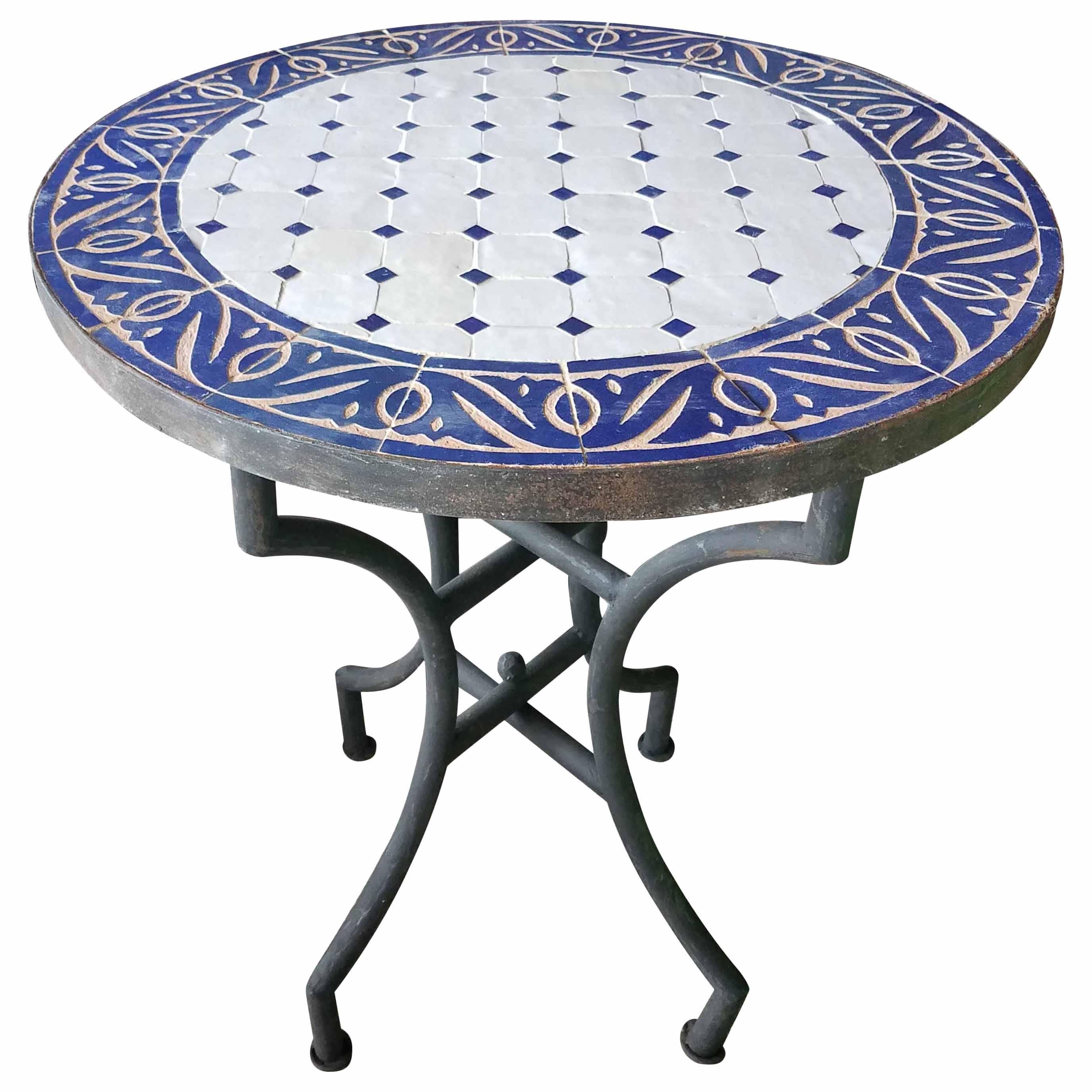 24" Blue / White Moroccan Mosaic Table - CR4 For Sale