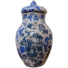 Blue and White Italian Decalcomania Vase with Cover, 19th Century