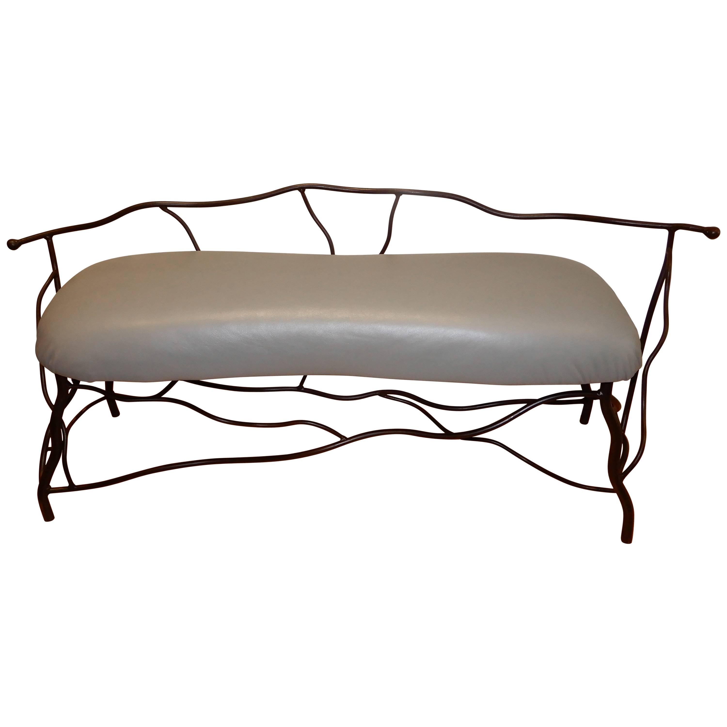 Studio Crafted Giacometti Style Sculptural Iron and Leather Bench