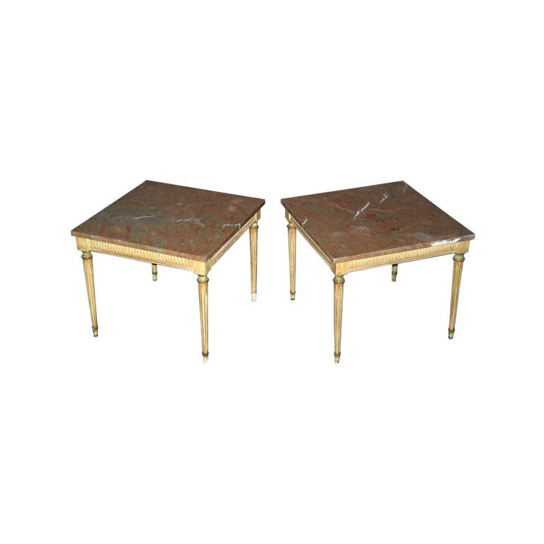 Mid-Century Modern Pair French Modern Neoclassical Painted Wood & Marble Side Tables, Maison Jansen For Sale