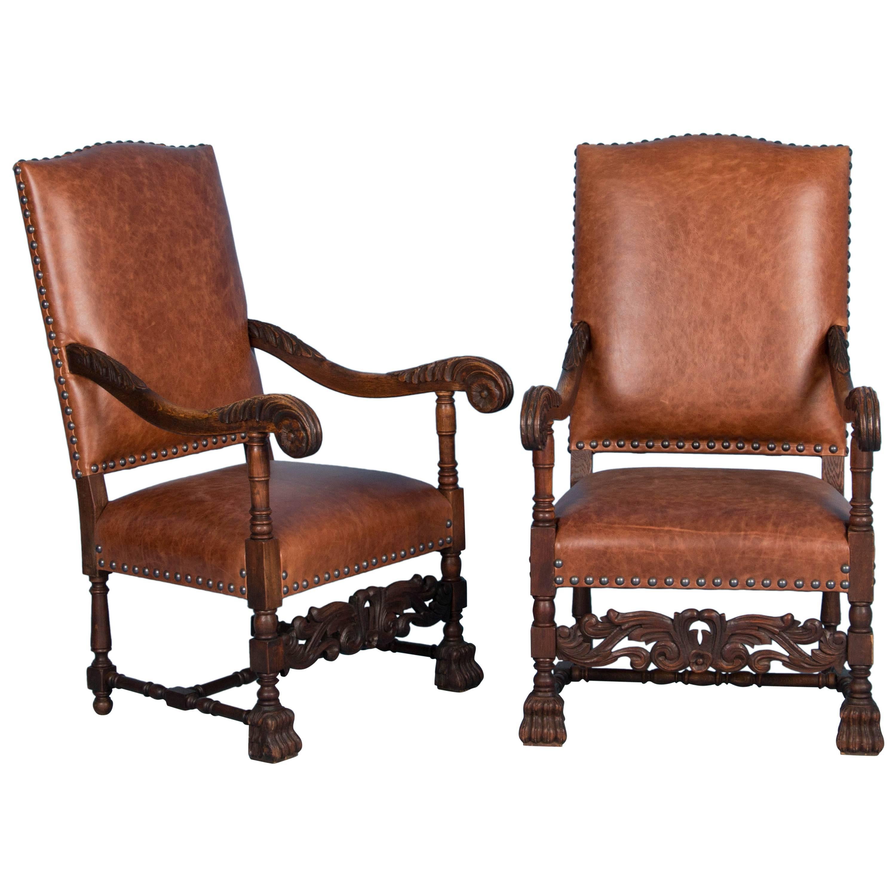 Pair, Antique Danish Baroque Armchairs Upholstered in Leather  