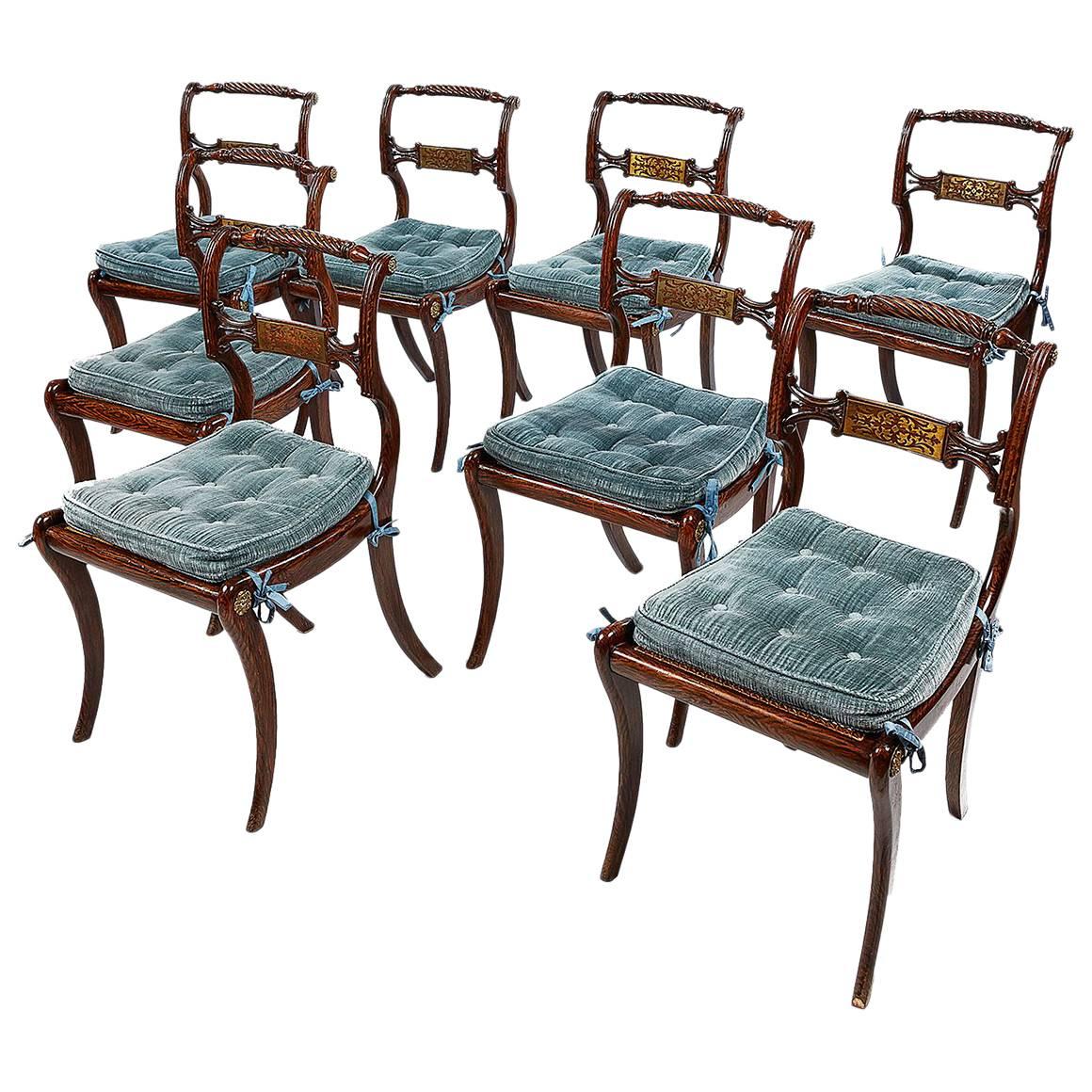 Set of Eight Irish Regency Brass Inlaid Dining Chairs