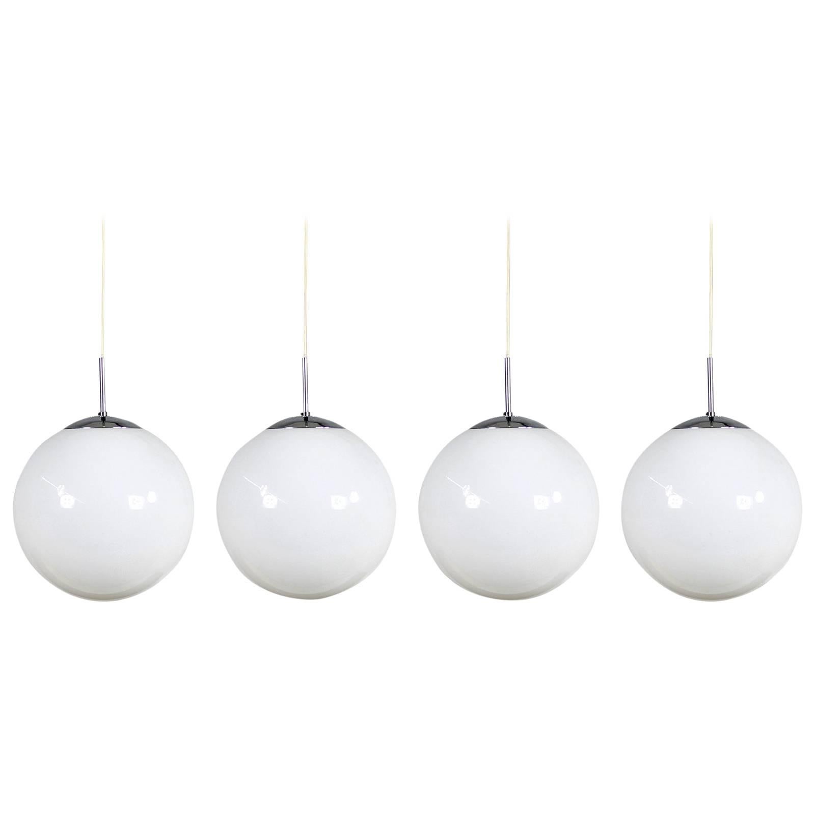 Set of Four Large 1970s Opaline Glass and Chrome Globe Pendants, Four Pieces For Sale