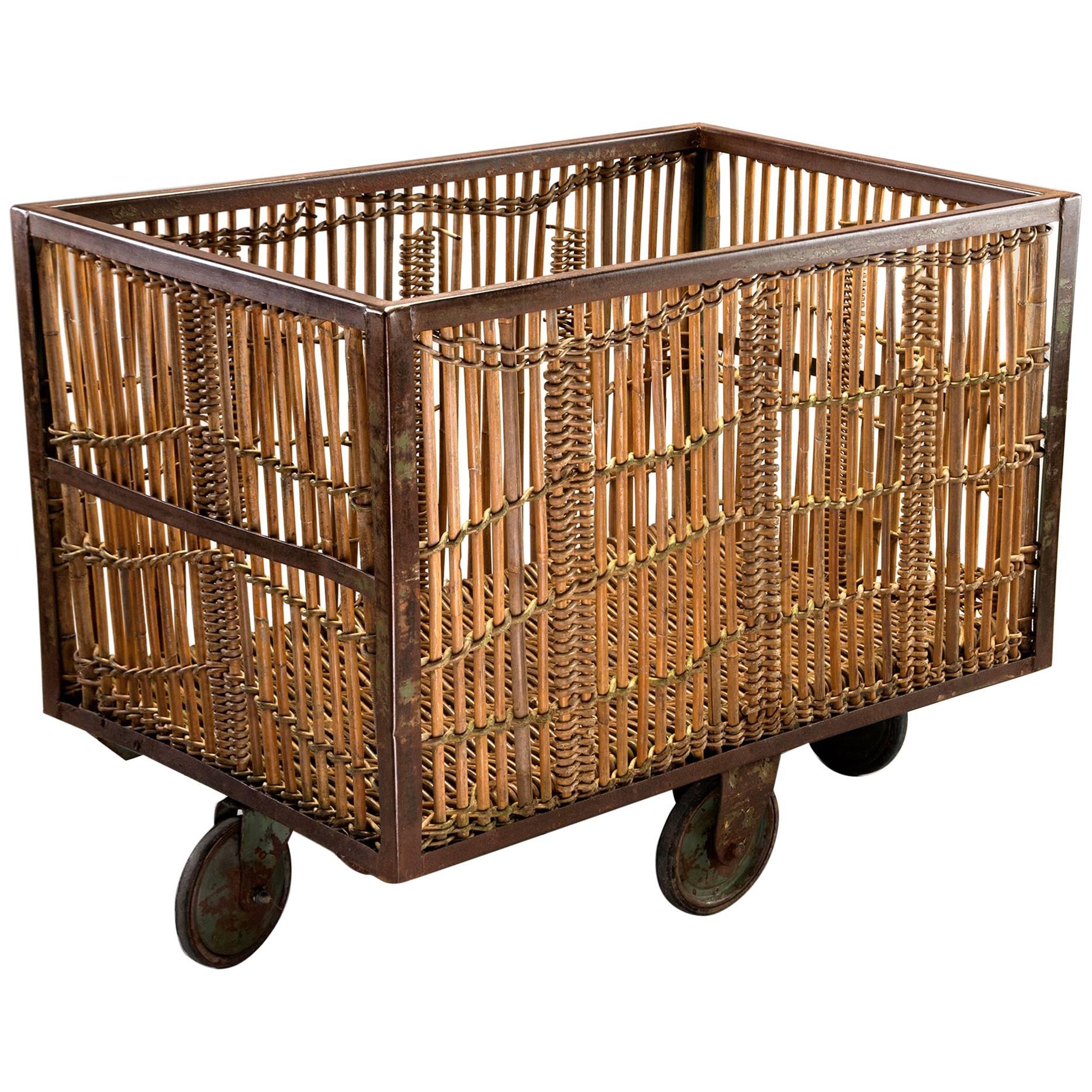 Unusual Industrial Rattan and Iron Trolley