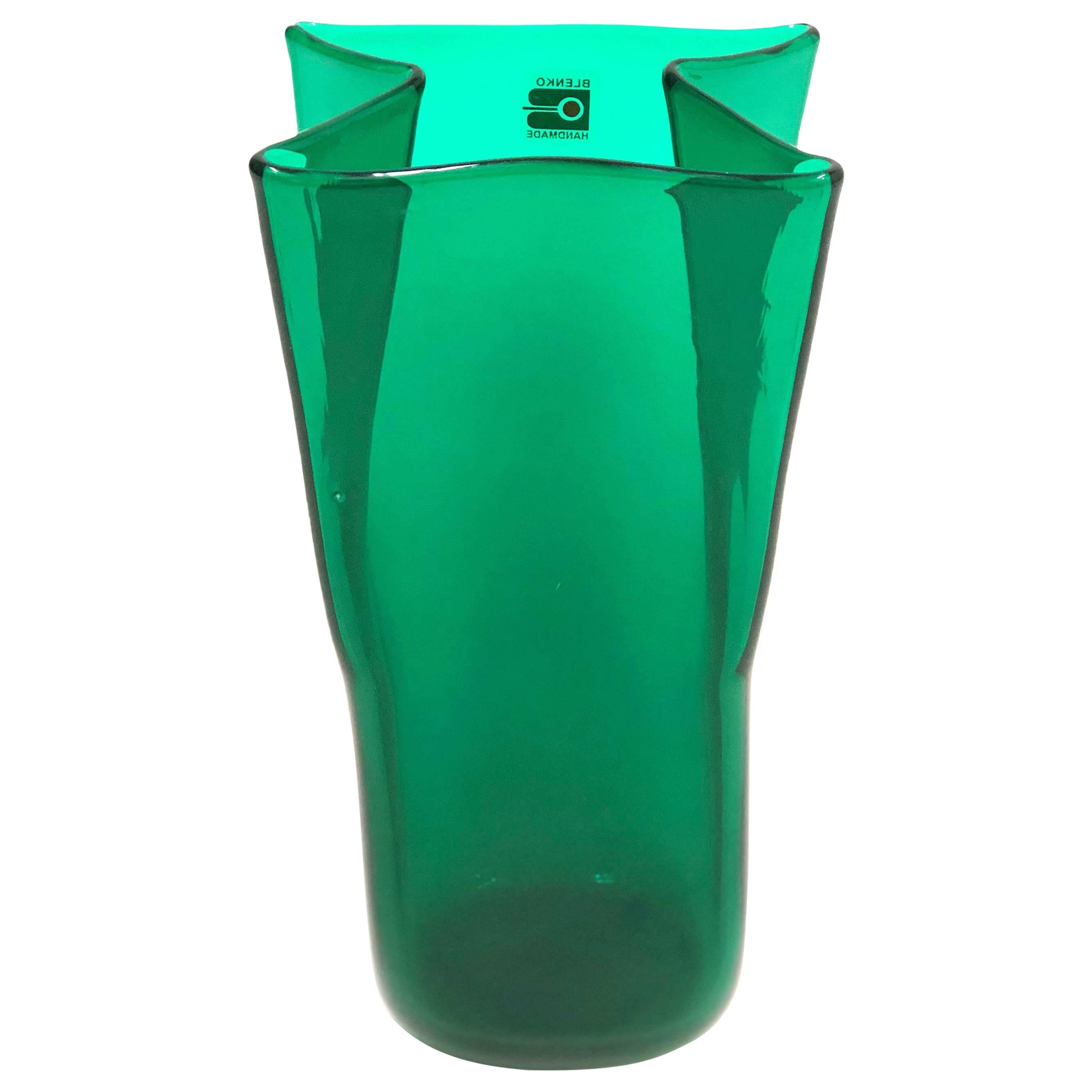Midcentury Green Folded Glass Vase by Don Shepherd for Blenko For Sale