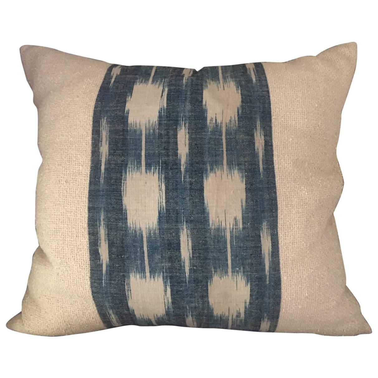 Mid-19th Century French Home Spun Indigo Dyed Ikat Pillow #6 For Sale