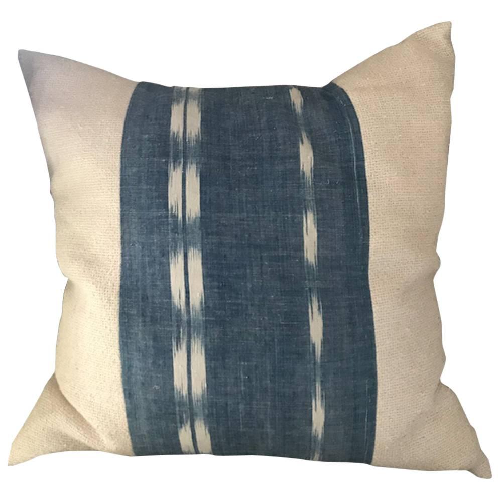 Mid-19th Century French Home Spun Indigo Dyed Ikat Pillow #7 For Sale