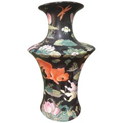Pair of Black Hand Painted Porcelain Vases Goldfish, Lotus, Butterfly Motives