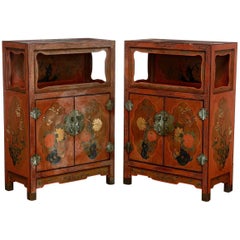 Vintage Pair of Chinese Red Lacquer Open Shelf Cabinets