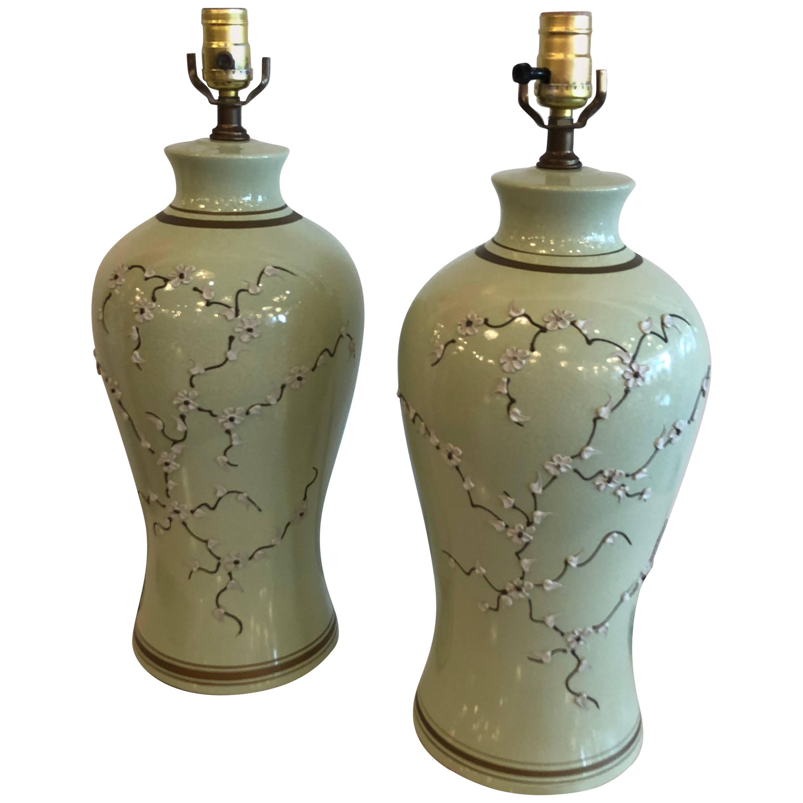 Pair Green Chinoiserie Ginger Jar Table Lamps Cherry Blossom Icing Flowers 